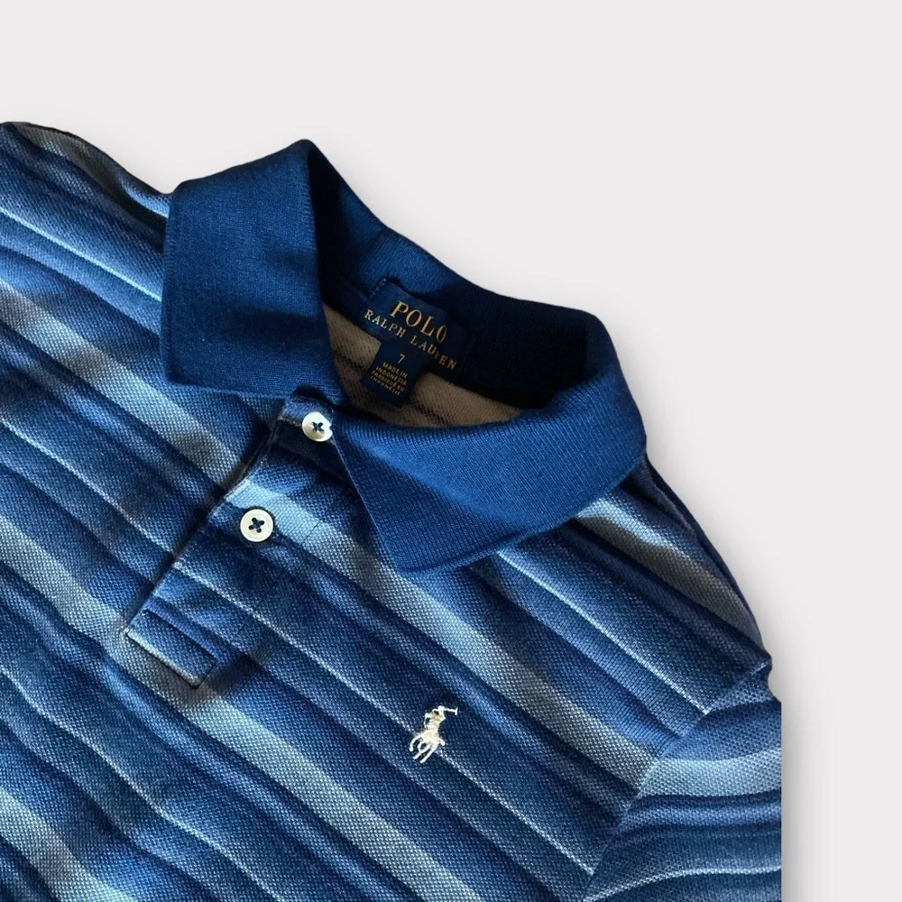 Ralph Lauren POLO Blue Striped Cotton Mesh Polo Short Sleeve, Youth Size 7 EUC